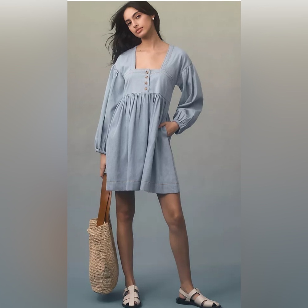 By Anthropologie Long-Sleeve Square-Neck Denim Mini Babydoll Dress Size M NWOT